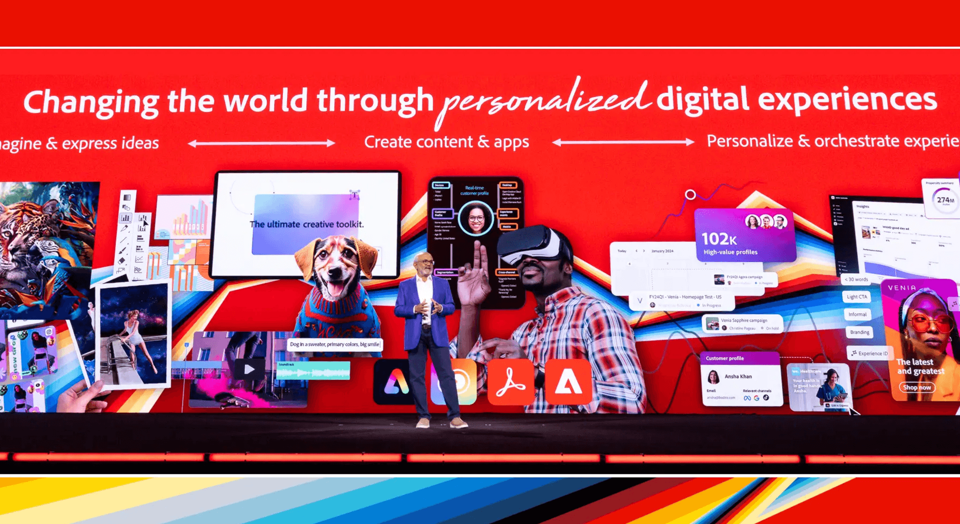 Adobe MAX keynote slide, CEO on stage with creative collage
