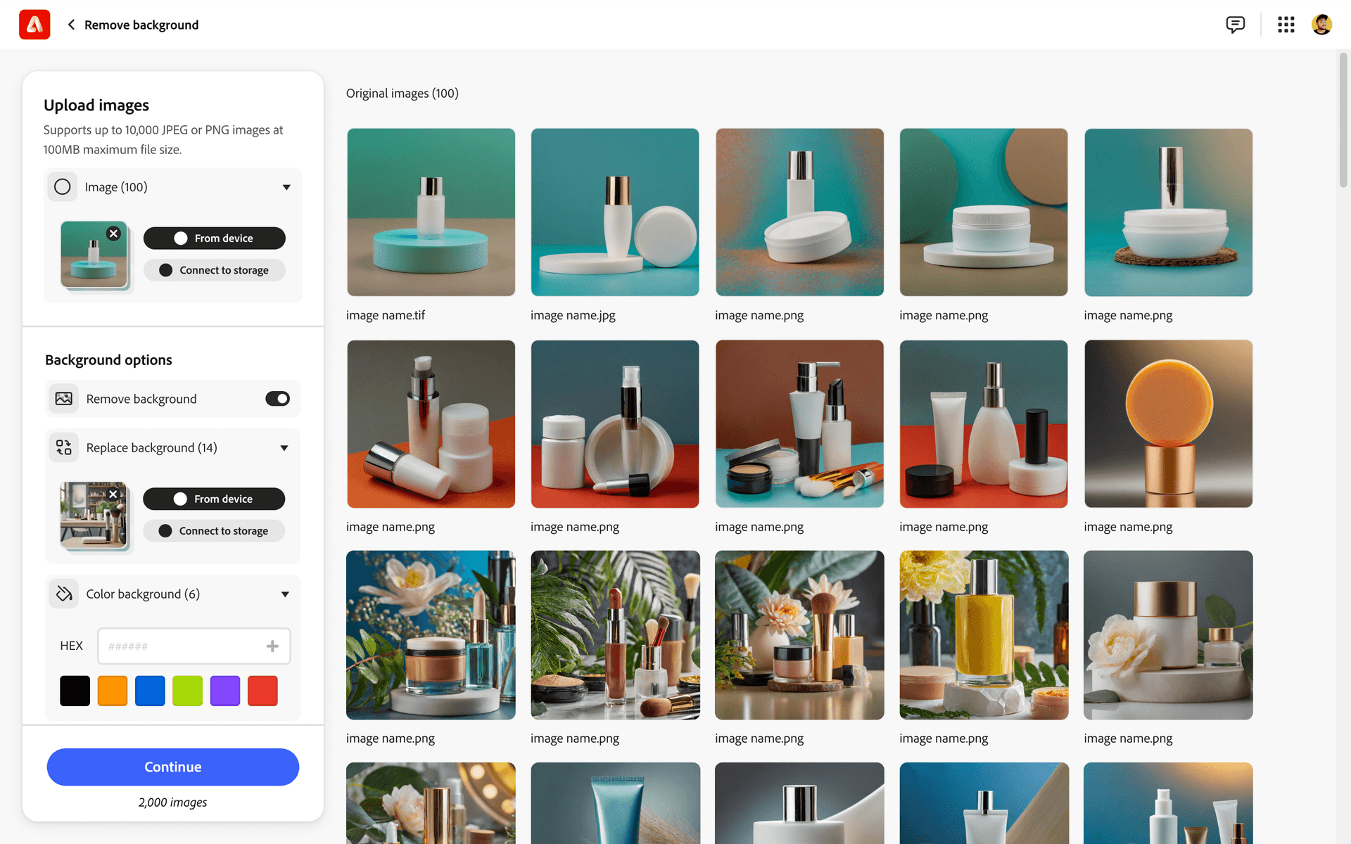 Sidebar with remove background, replace background, and color background controls
