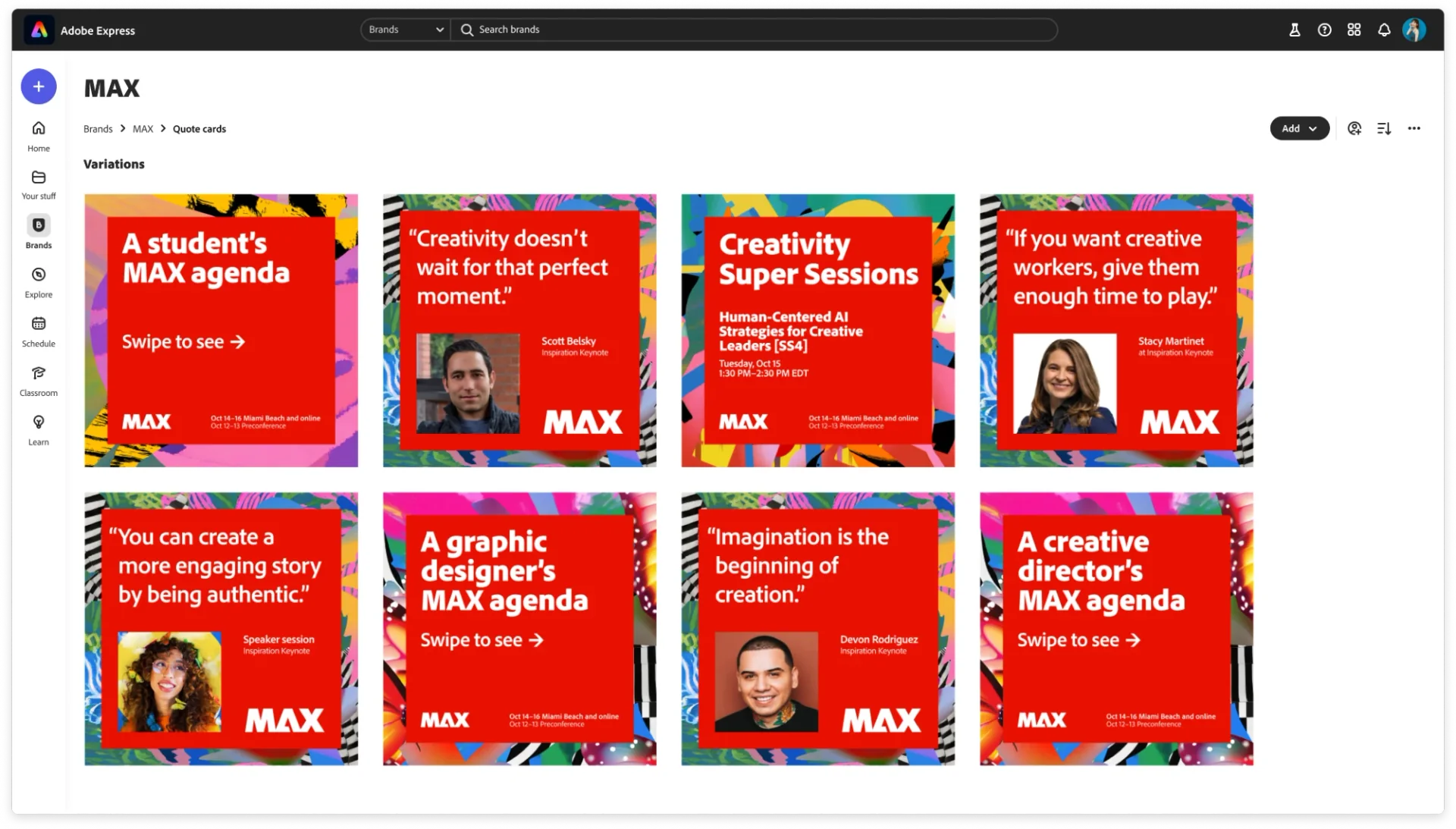 Adobe Express brand workspace with MAX quote-card variations