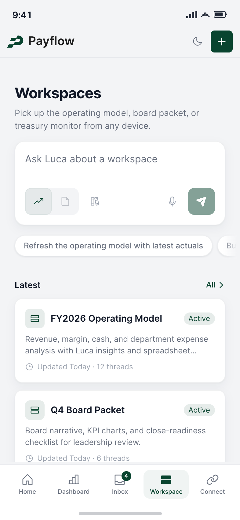 Payflow AI workspace, mobile