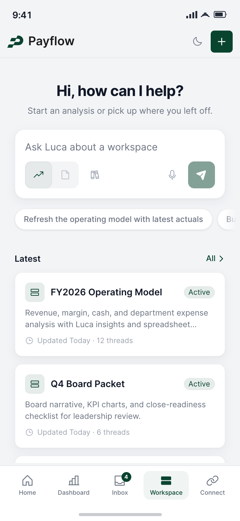 Payflow AI workspace, mobile