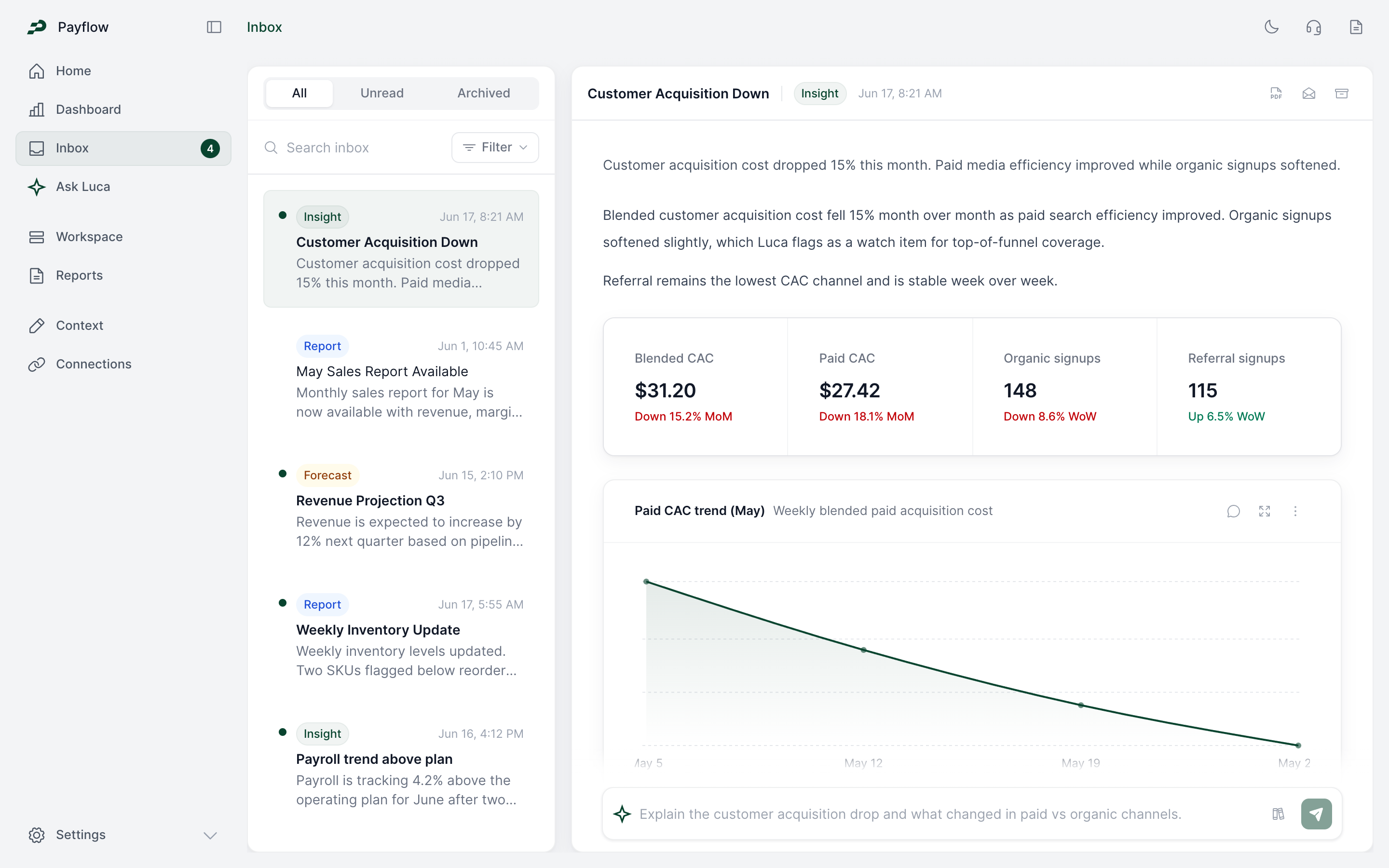 Payflow finance inbox with prioritized work and supporting context