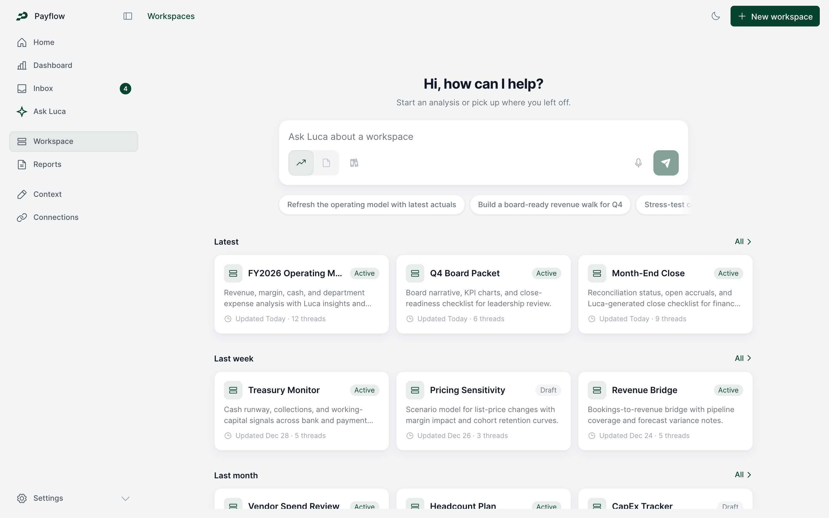 Payflow AI workspace, desktop