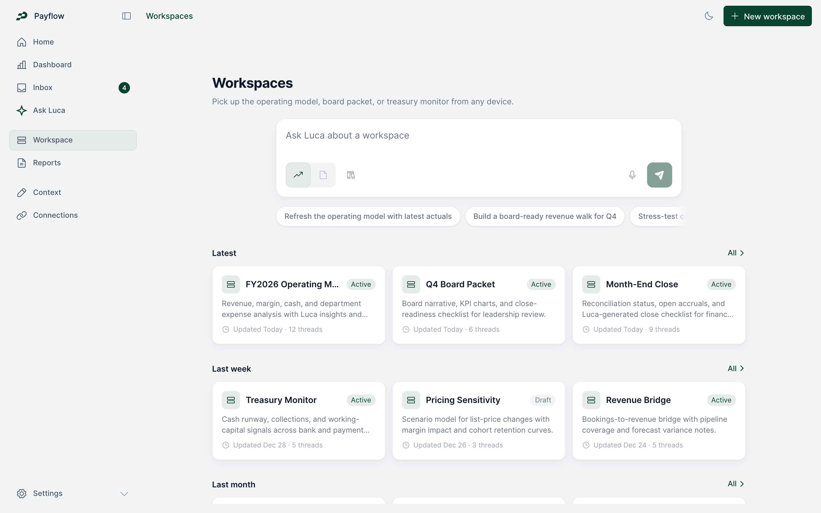 Payflow AI workspace, desktop