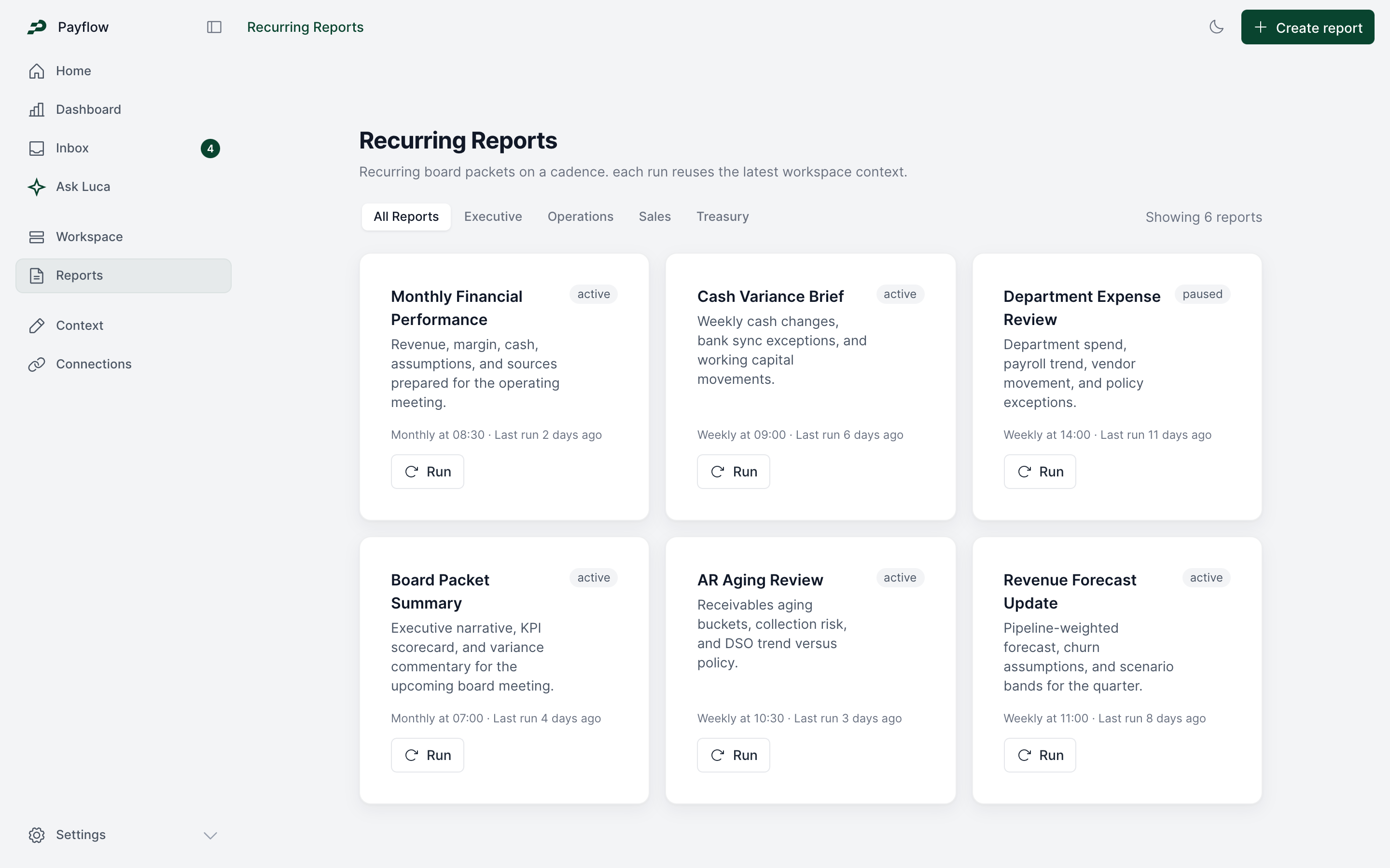 Recurring reports list with schedules, statuses, and run controls