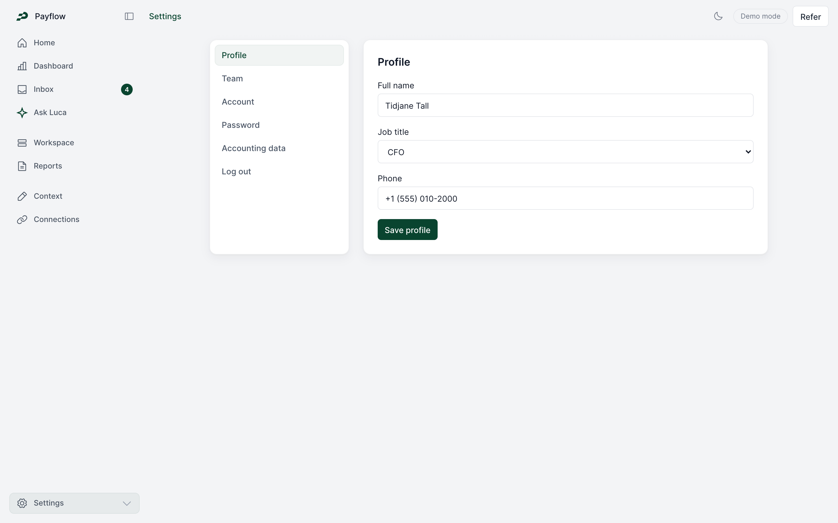 Settings with profile, team, account, and accounting-data sources
