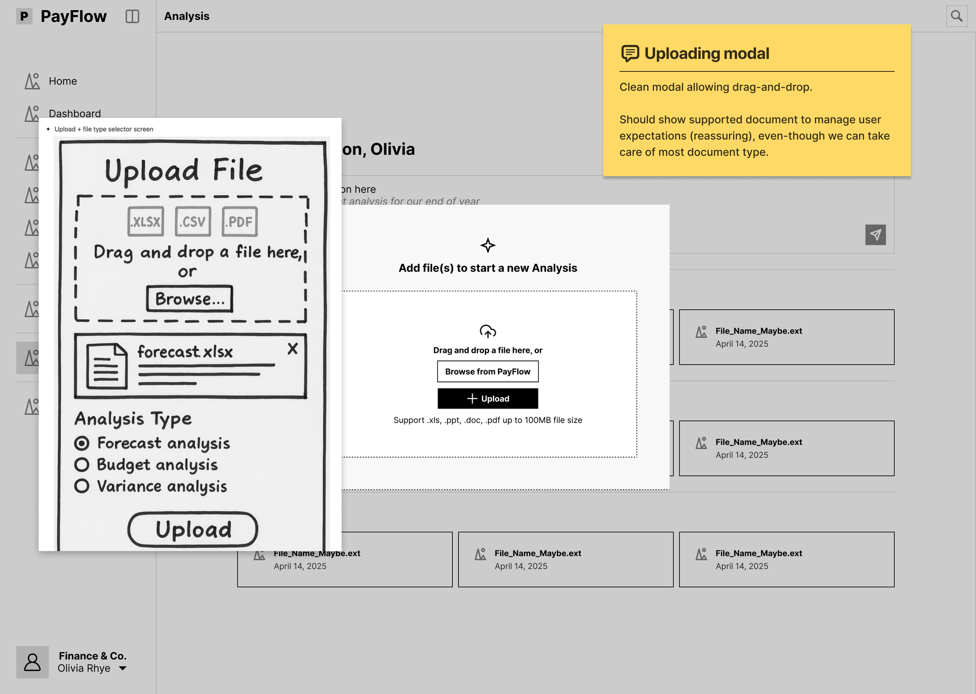 Wireframe: upload-context modal with a file dropzone