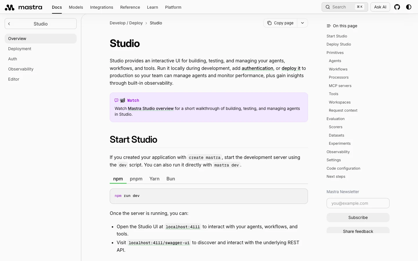 Mastra Studio documentation outlining agent development, testing and observability