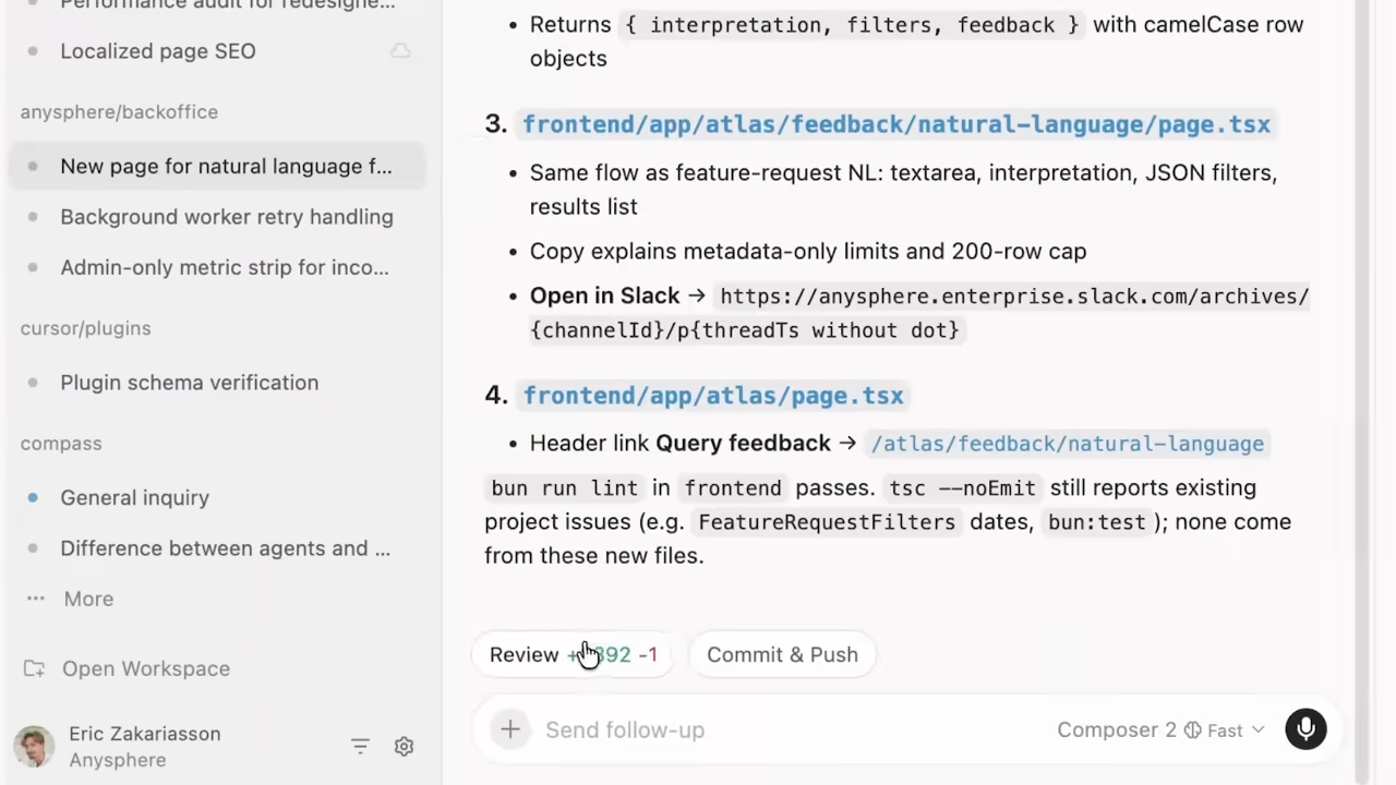 Cursor reference showing review and commit actions after an agent response