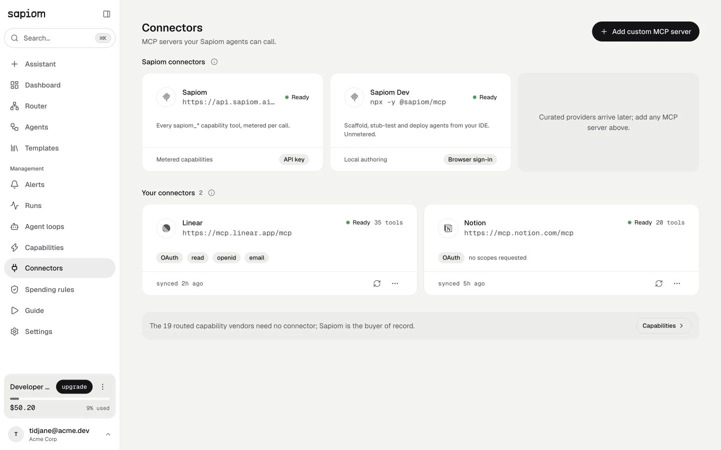 Sapiom connected accounts showing integration status and permissions for Sapiom Dev, Linear and Notion