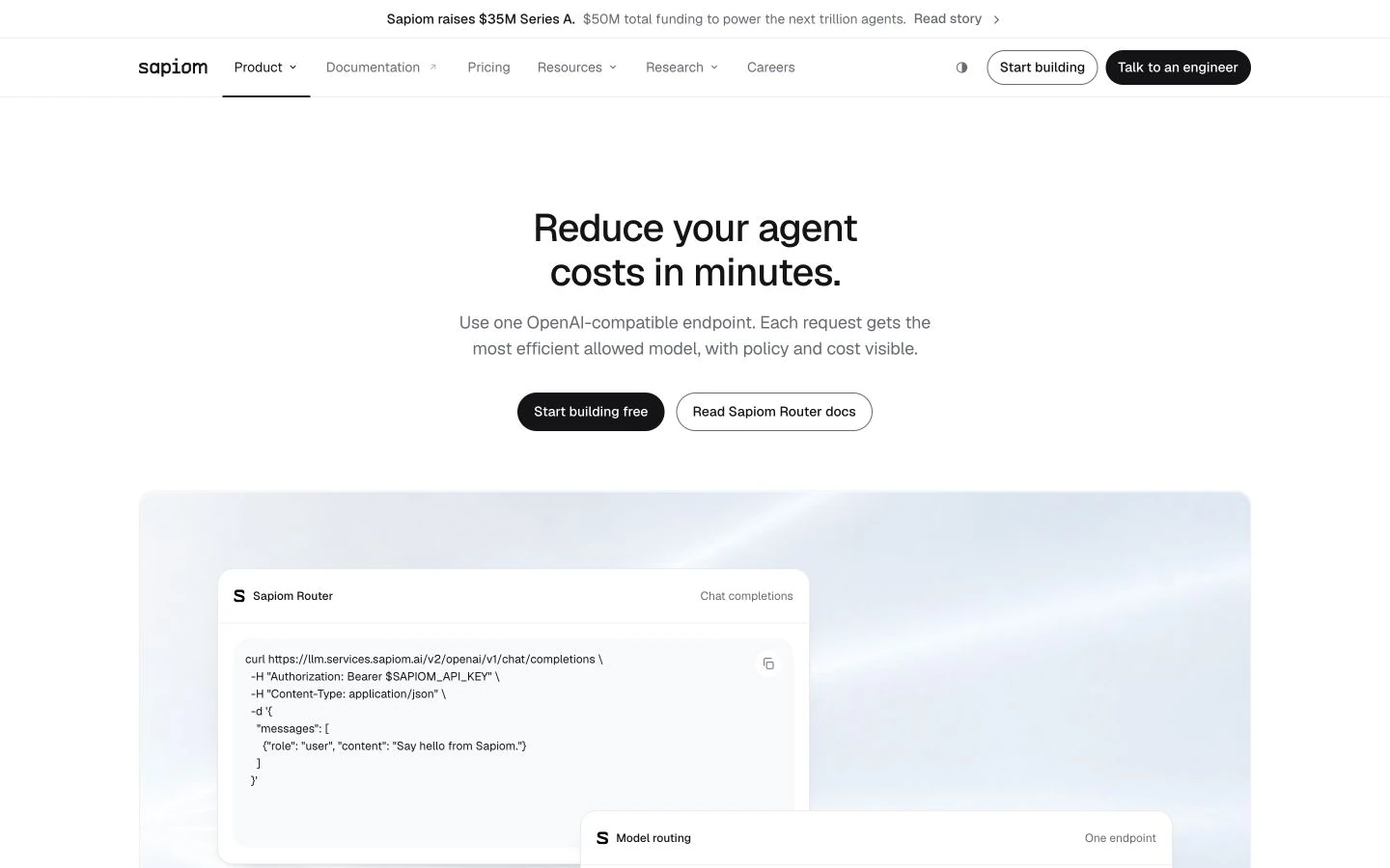 Sapiom Router product page with the shared site navigation, OpenAI-compatible request example and model-routing inputs