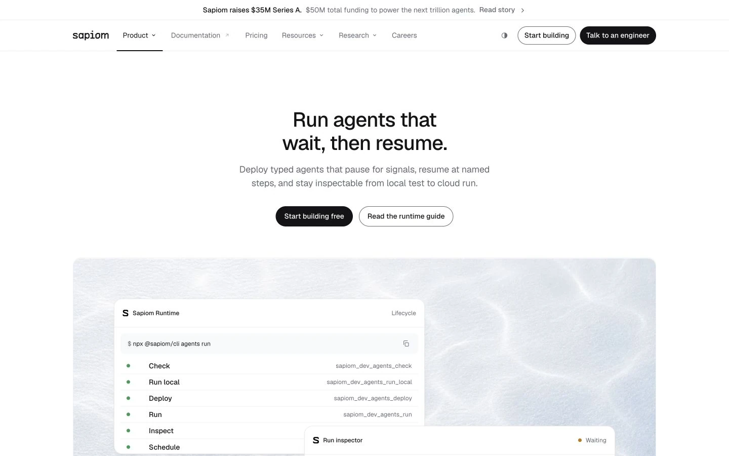 Sapiom Runtime product page with local-to-cloud lifecycle and a run waiting for an approval signal