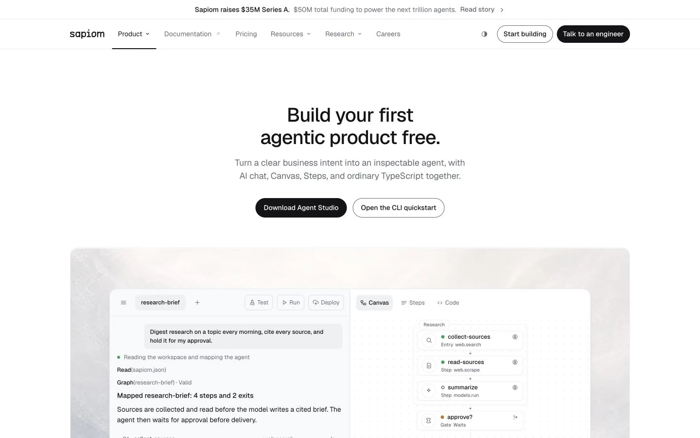 Agent Studio product page with a conversation, workflow canvas and approval branch shown together