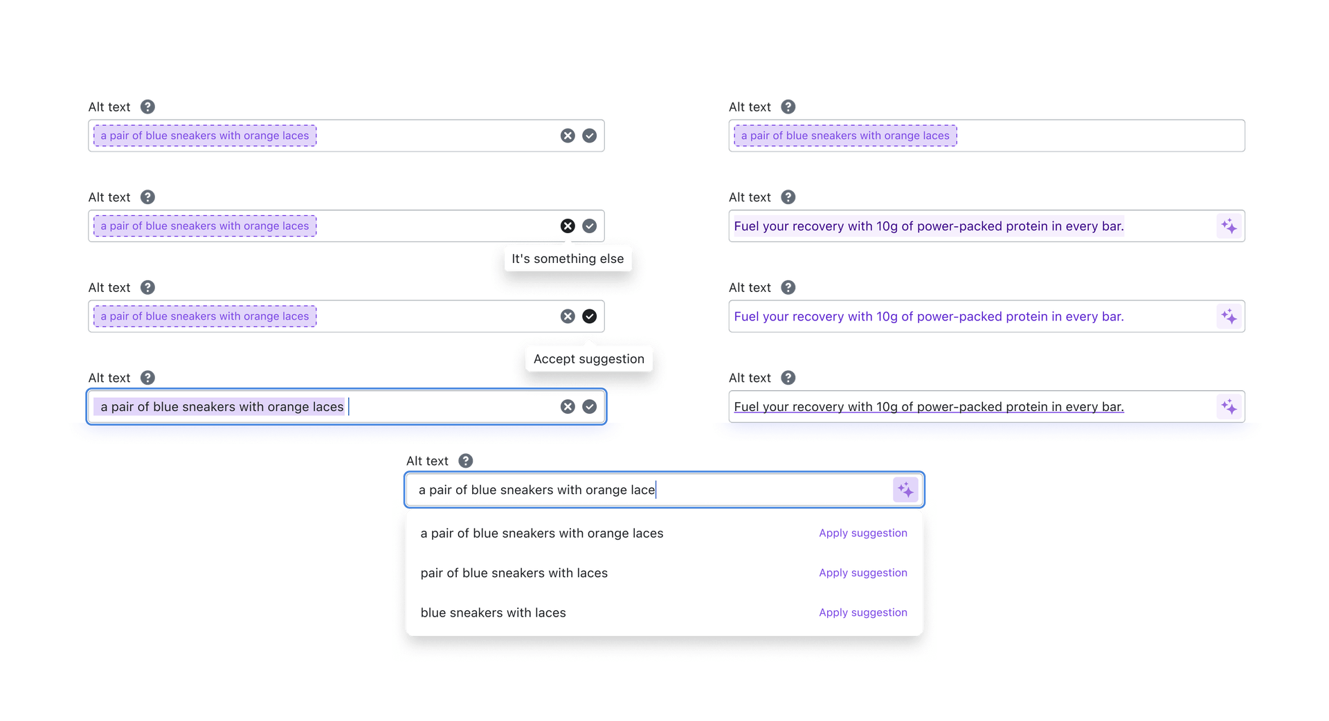 Alt text field states: suggestion, accept and reject, generate, and apply from dropdown