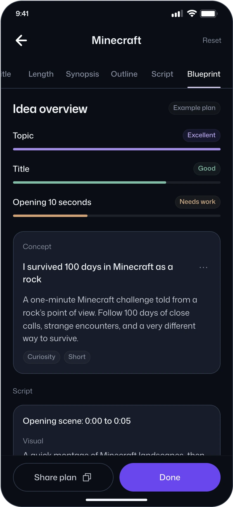 vidIQ video blueprint with sample topic and title assessments, a one-minute concept, script and share controls.