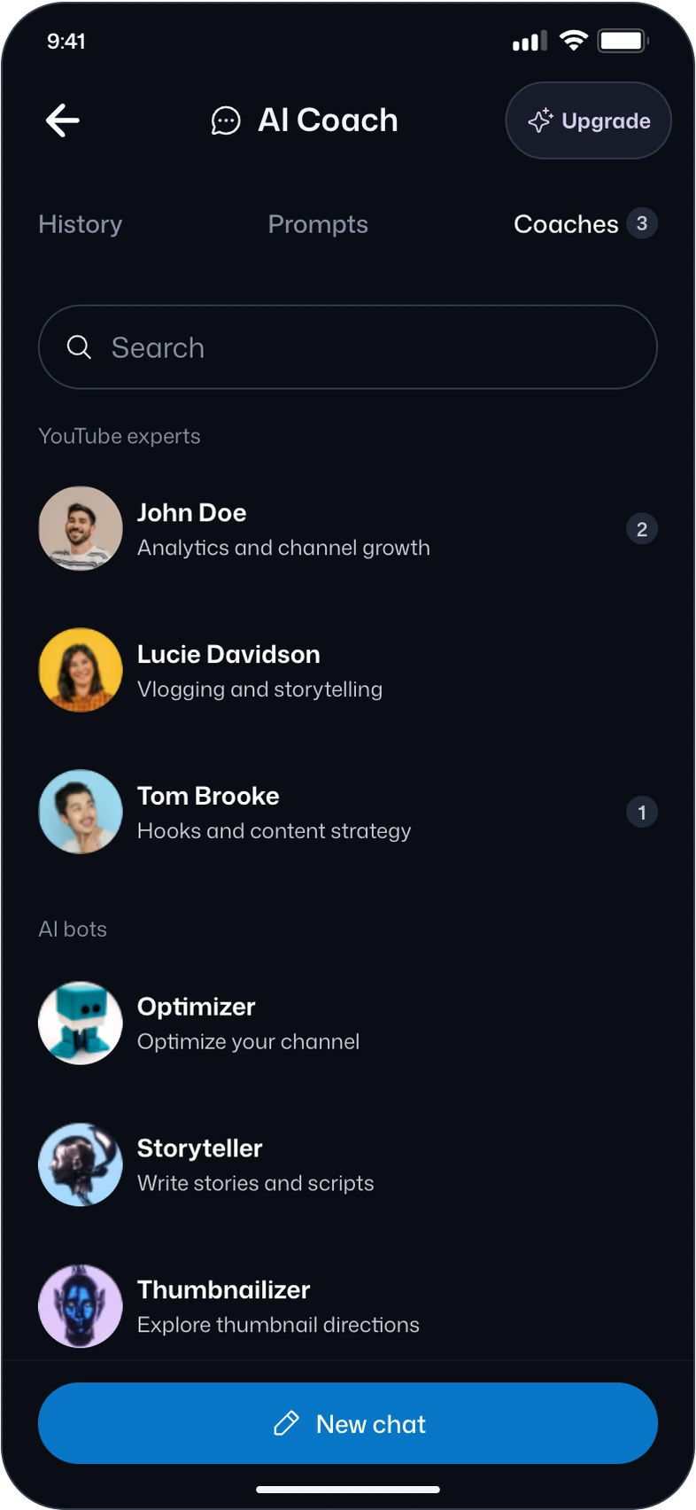 vidIQ AI Coach directory showing expert profiles, specialist AI bots, search and a new-chat action.