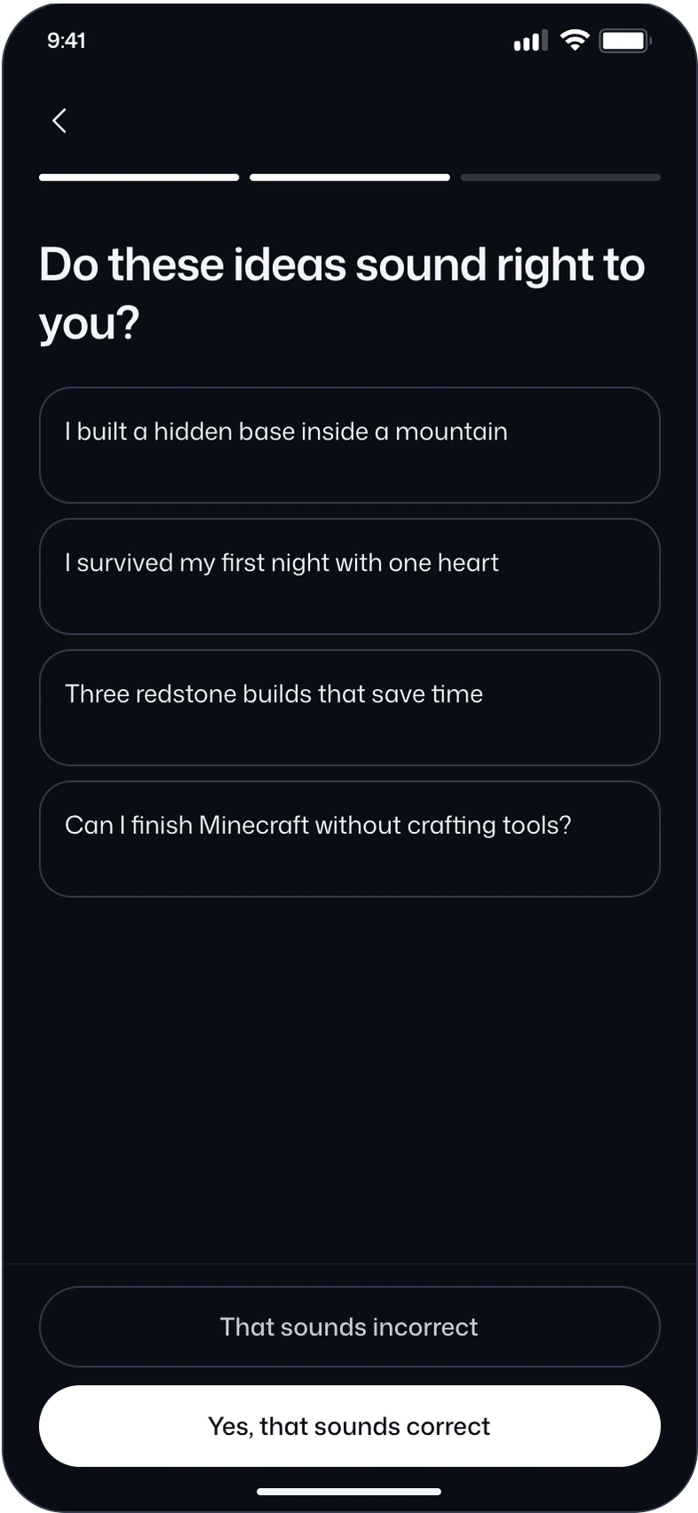 vidIQ onboarding with four Minecraft ideas, segmented setup progress and actions to confirm or correct the direction.