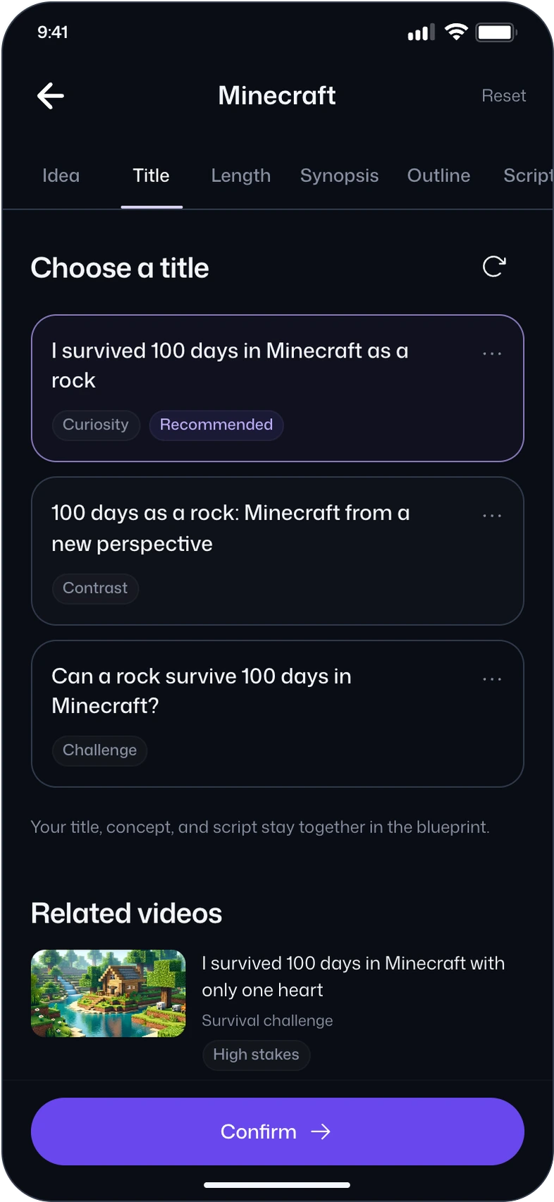 vidIQ creation workflow with three editable Minecraft title options, framing tags and a recommended title.