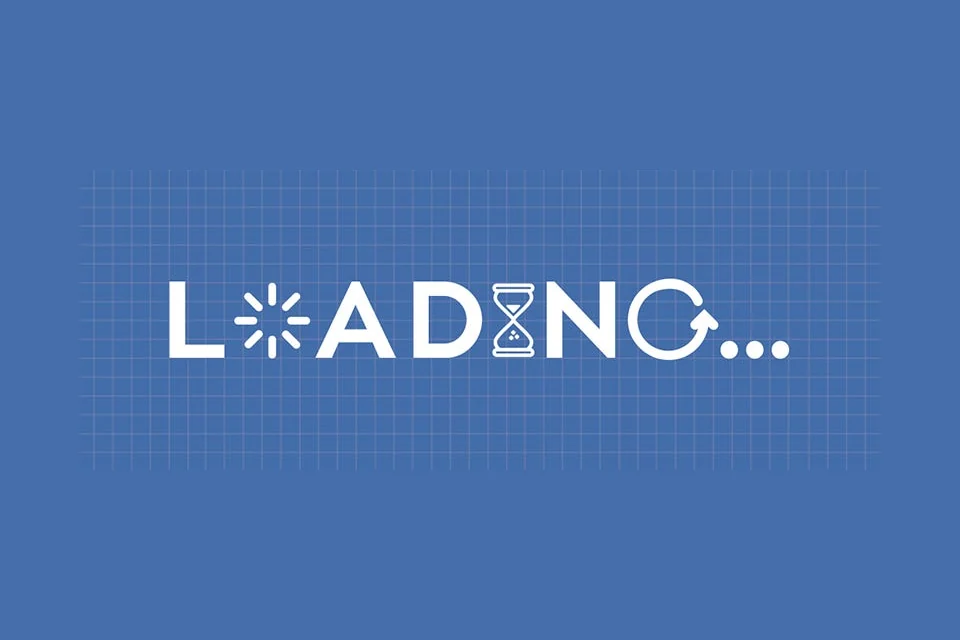 The LOADING wordmark on a blue grid, with a burst, an hourglass, and a circular arrow inside the letters.