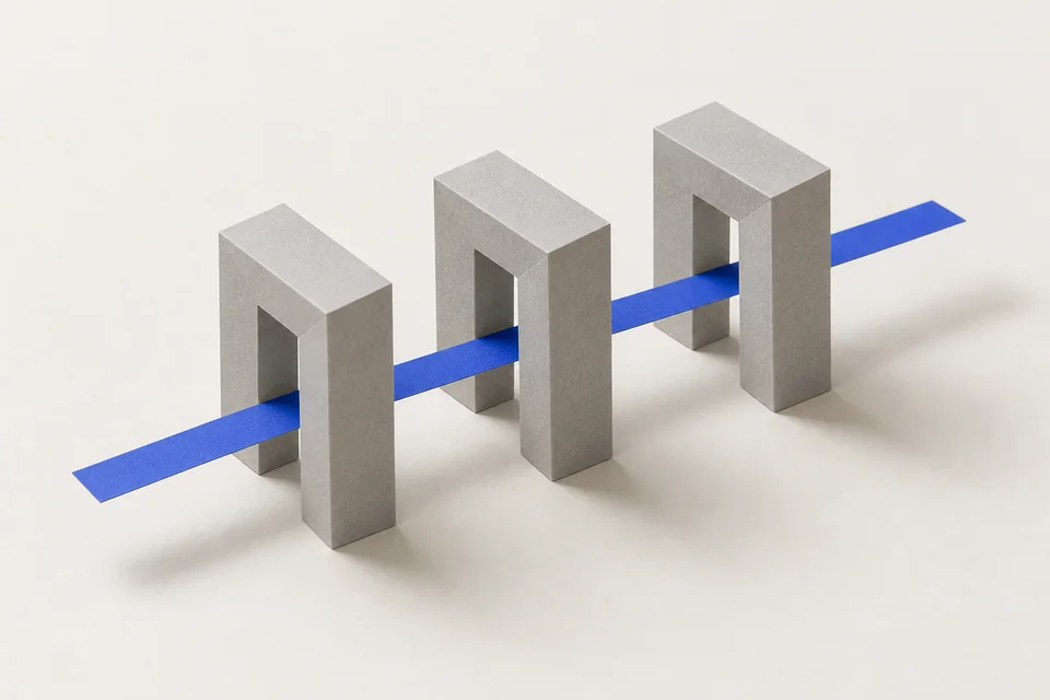 A blue paper strip passes through three folded gates.
