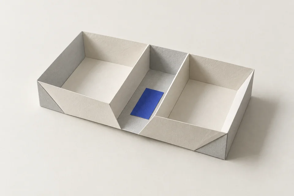 A folded paper tray holds a blue rectangle in one of three compartments.